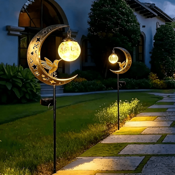 Hummingbird Moon Solar Garden Stake Light, Premium Glass Globe With Metal Moon Frame, Waterproof Solar Accessory For Casual Outdoor And Garden Gifting Decor 1pcs