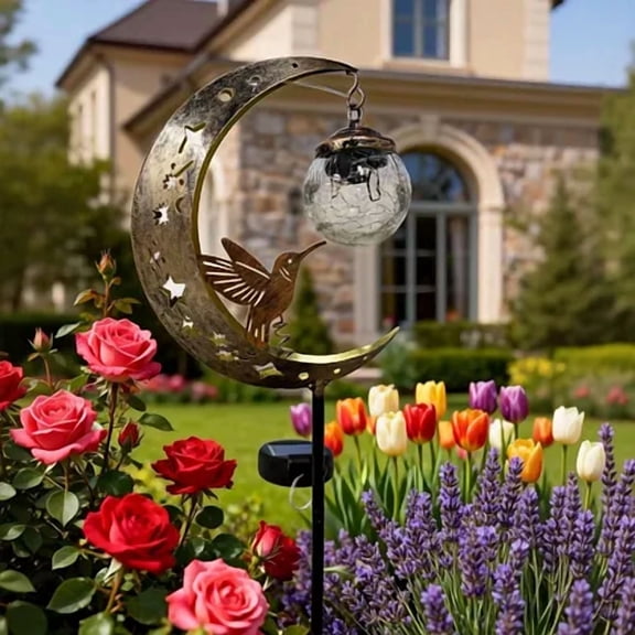 Hummingbird Moon Solar Garden Stake Light,Solar Stake Lights, Glass Globe Moon Hummingbird LED Outdoor Garden Pathway Light