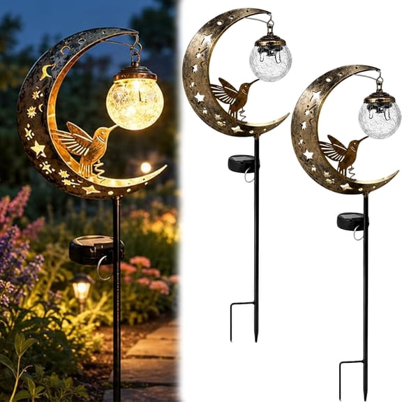 Hummingbird Moon Solar Garden Stake Light, Vintage Hollow Iron LED Pathway Stake Lamp, Waterproof Crackle Glass Globe Night Light, Artistic Outdoor Decor Gift for Garden Lover (2)