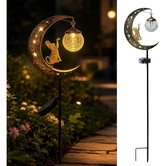Hummingbird Moon Solar Garden Stake Light Waterproof Half Moon LED Pathway Decor Crackle Hanging Glass Globe Ball Metal Crescent for Outside Yard Patio Lawn Outdoor Decor (Hummingbird)