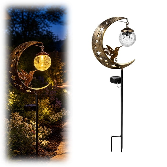 Hummingbird Moon Solar Garden Stake Light, Waterproof Half Moon LED Pathway Decor, Crackle Hanging Glass Globe, Metal Crescent for Yard Patio