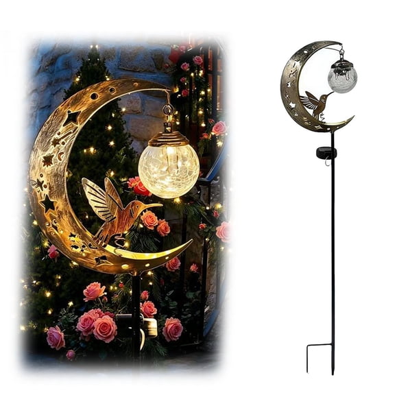 Hummingbird Moon Solar Garden Stake Light,Waterproof Half Moon LED Pathway Decor with Hanging Glass Ball,Fairy Crackle Glass Lights,Metal Crescent Outdoor Garden Decor for Lawn,Yard,Patio & Walkway
