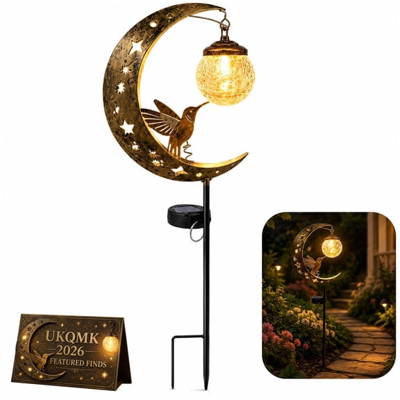 Hummingbird Moon Solar Light Waterproof Half Moon Garden Stake Light Crackle Glass Globe Crescent Bird Decorative Outdoor Courtyard Metal Panel Small Ball Patio Lawn Lights