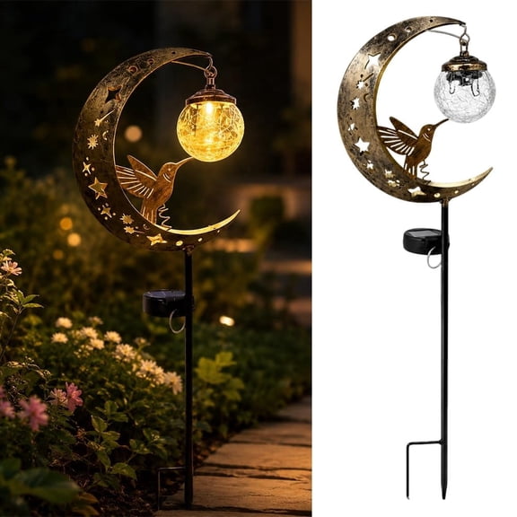 Hummingbird Moon Solar Stake Light, Outdoor Waterproof Half Moon LED Pathway Decor, Hanging Moon Ball Metal Crescent for Outside Yard Patio Lawn Outdoor Decor