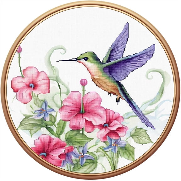 Hummingbird and Morning Glory Flower Stamped Cross Stitch Kits for Beginners Easy with Hoop 11CT Needlepoint Embroidery DIY Counted Cross Stitch Kits Art Craft Wall Decor 35x35cm(4)