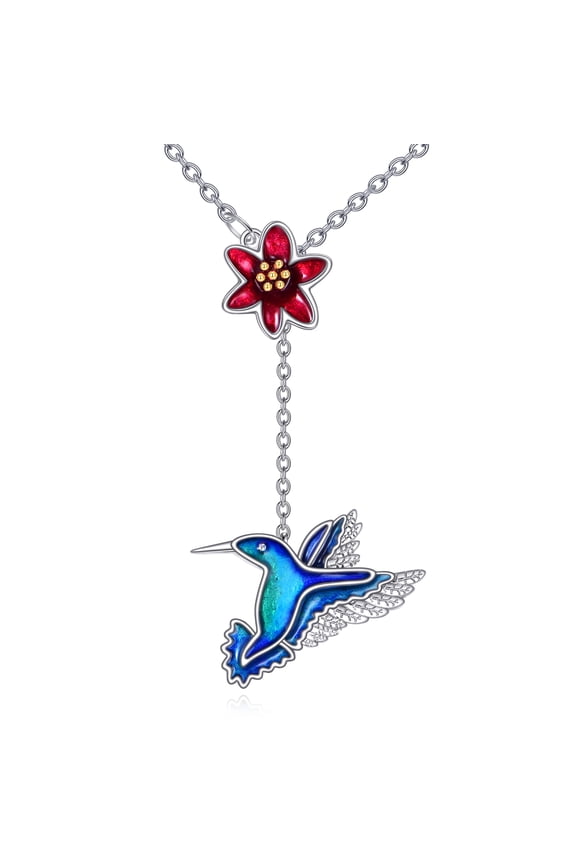 Hummingbird Necklace 925 Sterling Silver Red Bell Flower Pendant Movable Y Chain Animal Jewelry Gift for Women Bird Lovers