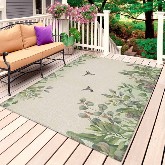 Hummingbird Outdoor Rug for Patio/Deck/Porch, Non-Slip Large Area Rug 4 x 6 Ft, Sage Green Botanical Leaf Vintage Botanical Indoor Outdoor Rugs Washable Area Rugs, Camping Rug Carpet Runner