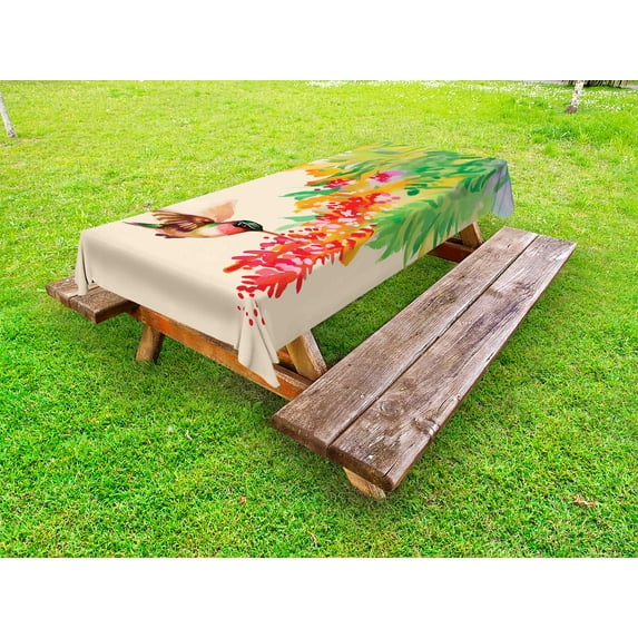 Hummingbird Outdoor Tablecloth, Image of Colibri Bird and Flowers Exotic Tree Bloom in Watercolor Effect, Decorative Washable Fabric Picnic Table Cloth, 58 X 84 Inches,Green Red Beige, by Ambesonne