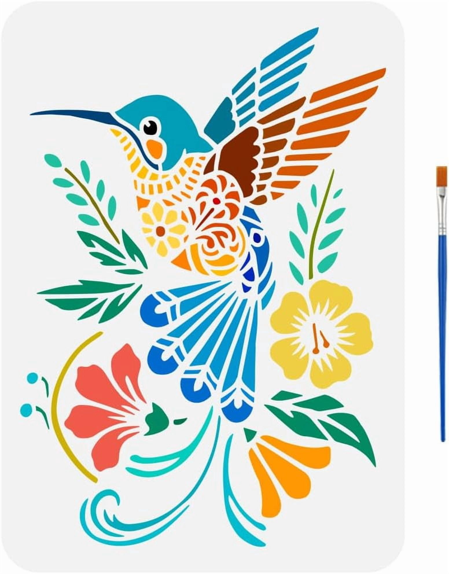 Hummingbird Painting Stencil with Brush 8.3x11.7inch Flowers