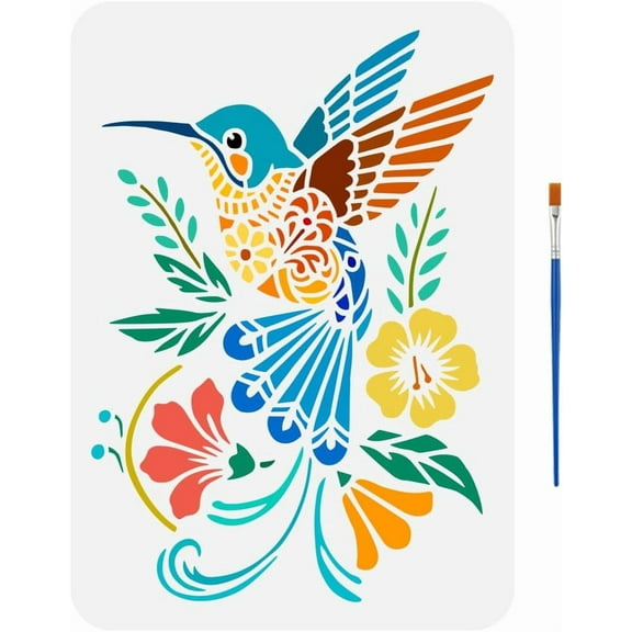 Hummingbird Painting Stencil with Brush 8.3x11.7inch Flowers Hummingbird Template Reusable Plastic Stencil for DIY DecorationMixed Color