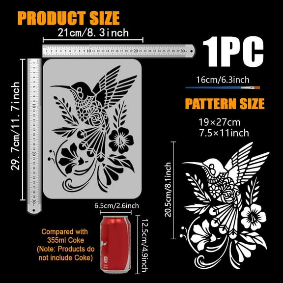 Hummingbird Painting Stencil with Brush 8.3x11.7inch Flowers Hummingbird Template Reusable Plastic Stencil for DIY Decoration