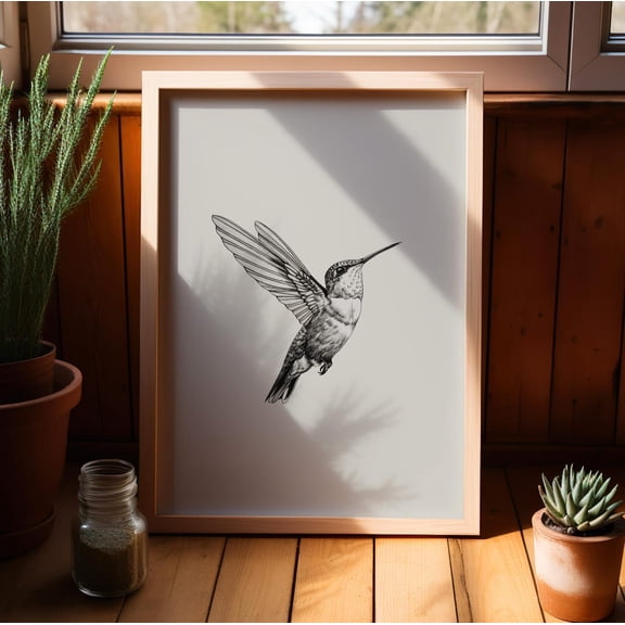 Hummingbird Pencil Drawing Minimalistic Outline Bird Animal Sketch Decor, Stretched Canvas