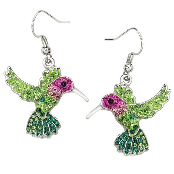 Hummingbird Pendant Necklace Earring Rhinestone Crystal Rhodium Plated 17 Inch Snake Chain E2723