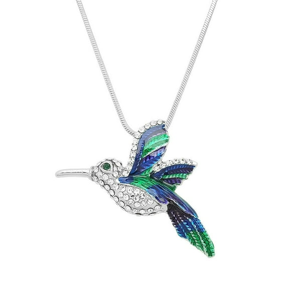 Hummingbird Pendant Necklace Earring Rhinestone Crystal Rhodium Plated 17 Inch Snake Chain J0603