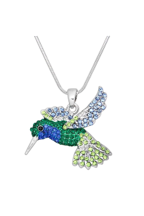 Hummingbird Pendant Necklace Multicolor Rhinestone Crystal Rhodium Plated 17 Inch Snake Chain J0499