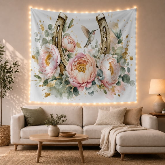 Hummingbird and Peony Flowers on Distressed Gold Horseshoe, Serene Watercolor for Animal Lovers, Botanical Wall Art, Housewarming Gift, Tapestry Wall Hanging for Bedroom and Living Room