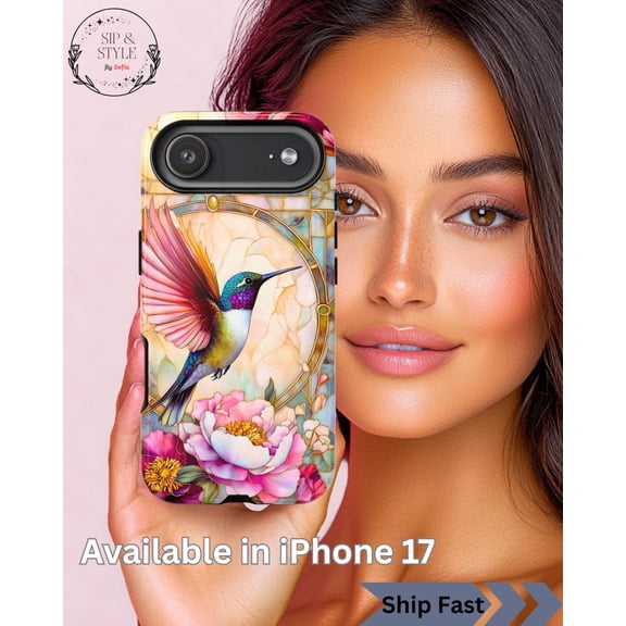 Hummingbird & Peony Stained Glass Print Tough Phone Case, iPhone 17 family Samsung Pixel