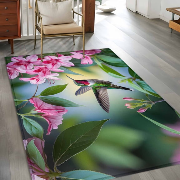 Hummingbird Pink Floral 3x5 Rug for Bedroom Foot of Bed Small Living Room, Spring Bird Nature Floral Washable Non Slip Rectangle Area Rug