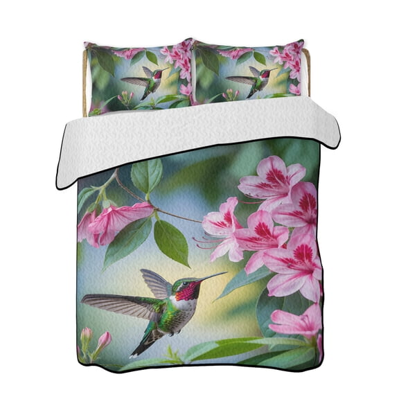 Hummingbird Pink Floral Quilts Bedding Set Queen Size Spring Bird Nature Floral Lightweight Quilted Bedspread 3 Piece Bed Quilt with 2 Pillow Shams All Season for Bedroom 78" x 90"