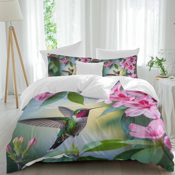 Hummingbird Pink Floral Twin Size Comforter Set, Spring Bird Nature Floral Bedding for All Seasons, 4 Pcs Bed Set, 1 Quiltcover (68"x86") ,1Sheet(67"x116"), 2Pillowcases (30"x20")