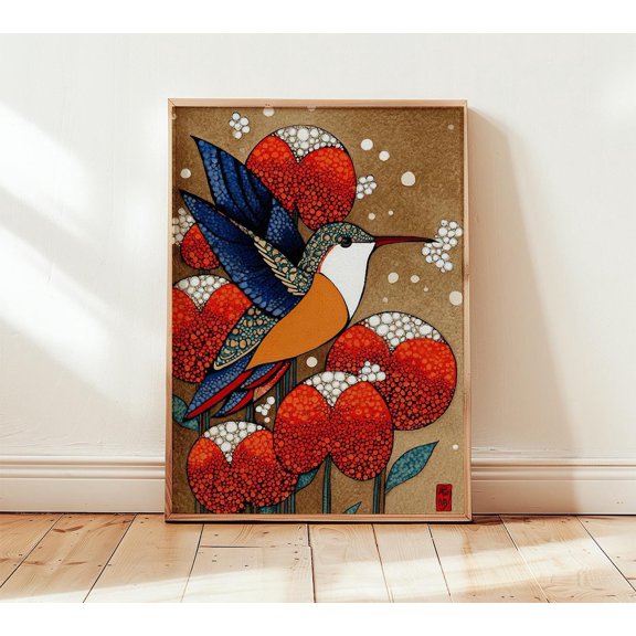 Hummingbird Print, Tribal Floral Boho Wall Art