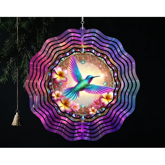 Hummingbird Purple Bird 3D Wind Spinner Glitter Kinetic Yard Art