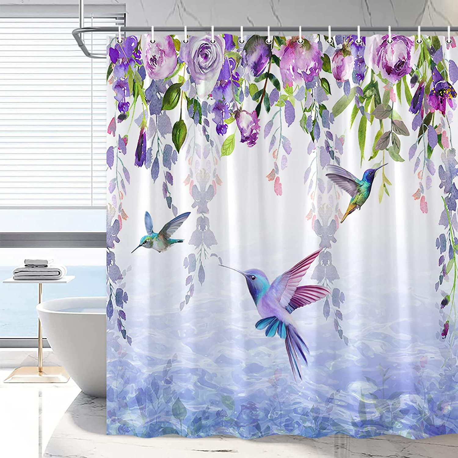 Hummingbird Purple Floral Shower Curtain Wisteria Flower Bathroom