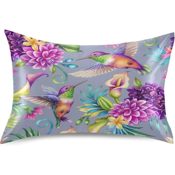 Hummingbird on Purple Flowers Satin Pillowcase for Hair and Skin Silk Pillowcase, Queen Size(20x30 inches) - Slip Cooling Satin Pillow Covers with Envelope Closure(231) Home Decor Gifts
