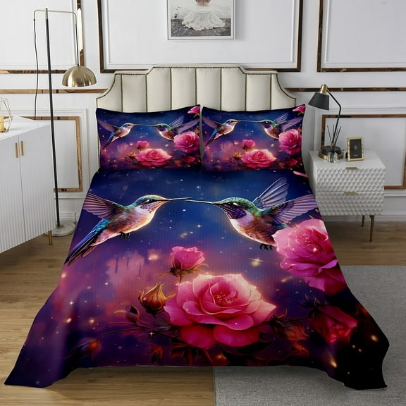Hummingbird Quilt Set Pink Rose Bedspread Set Queen,Romantic Flowers Coverlet Set Animal Bird Quilted,Kawaii Room Decor