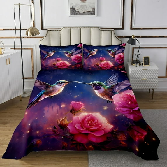 Hummingbird Quilt Set Pink Rose Bedspread Set Twin,Romantic Flowers Coverlet Set Animal Bird Quilted,Kawaii Room Decor