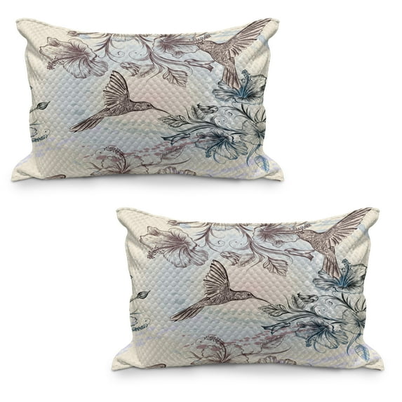 Hummingbird Quilted Pillowcover Set of 2, Birds and Hibiscus Flowers Nostalgia Antique Design Classical Print, Standard Queen Size Pillow Cover for Bedroom, 36" x 20", Teal Brown, by Ambesonne