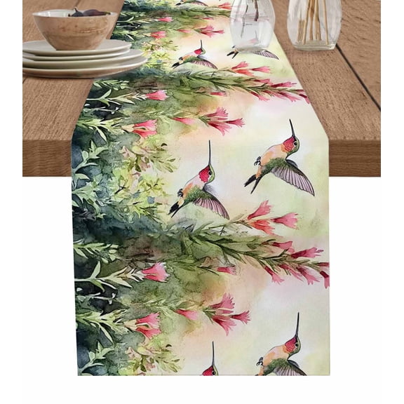 Hummingbird Red Floral Table Runner Cotton Linen 120 Inch Holiday Dresser Scarves, Rustic Botanical Green Ombre Tablerunner for Kitchen Coffee Dining Bedroom Dinner Scarf Décor 13''x120''