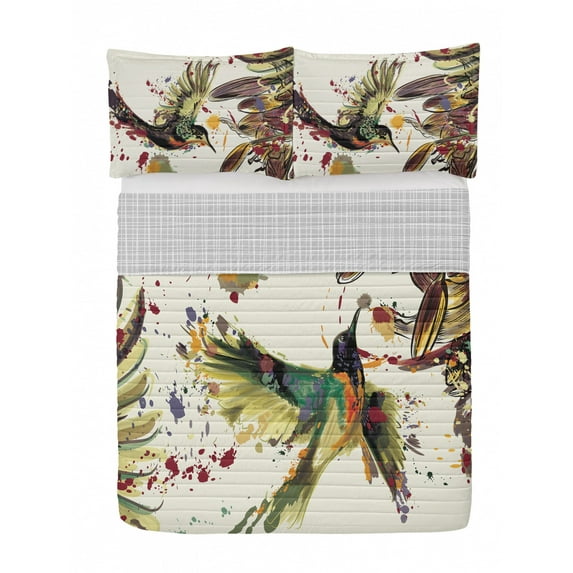 Hummingbird Reversible Bedspread Set, Art Lily Flowers Birds and Color Splashes in Watercolor Painting, Pillow Shams & Comforter Microfiber Bedding Set, 3 Sizes, Pale Green Mauve Taupe, by Ambesonne