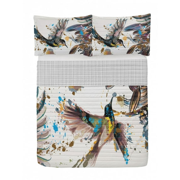 Hummingbird Reversible Bedspread Set, Art Lily Flowers Birds and Color Splashes in Watercolor Painting, Pillow Shams & Comforter Microfiber Bedding Set, 3 Sizes, Warm Taupe Blue Yellow, by Ambesonne