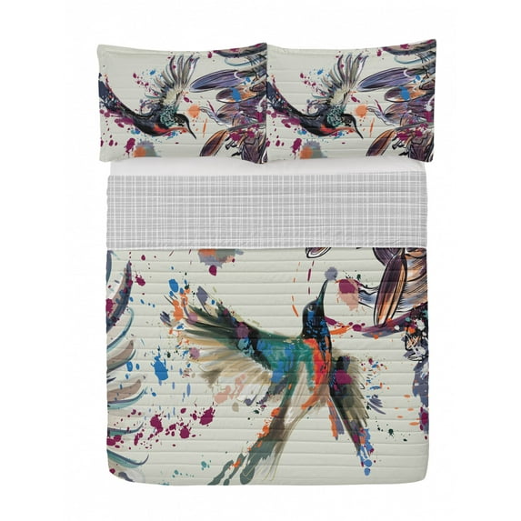 Hummingbird Reversible Bedspread Set, Art Lily Flowers Birds and Color Splashes in Watercolor Painting Style, Pillow Shams & Comforter Microfiber Bedding Set, 3 Sizes, Dust Multicolor, by Ambesonne