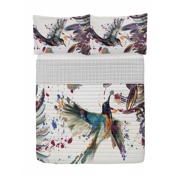 Hummingbird Reversible Bedspread Set, Art Lily Flowers Birds and Color Splashes in Watercolor Painting Style, Pillow Shams & Comforter Microfiber Bedding Set, 3 Sizes, Mauve Dark Peach, by Ambesonne