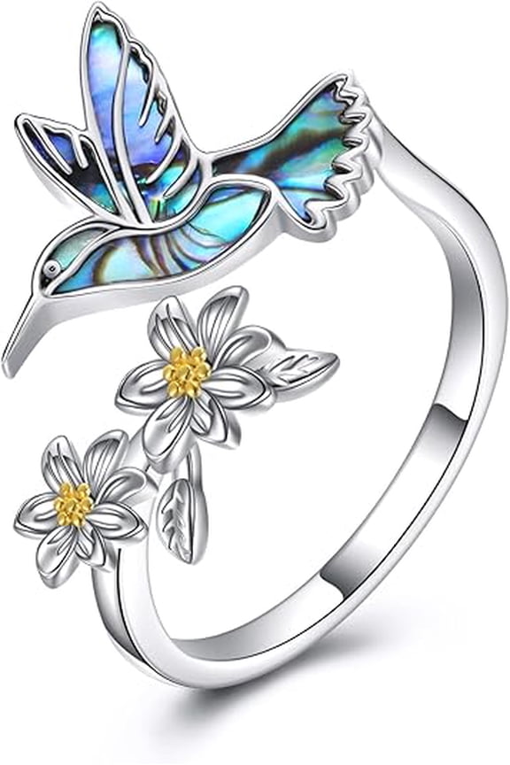 Hummingbird Ring 925 Sterling Silver Abalone Shell Hummingbird Flower Ring Hummingbird Jewelry Gifts for Women Mom Hummingbirds Lovers