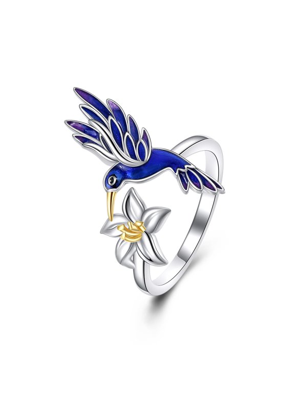Hummingbird Ring for Women Sterling Silver Humming Bird Flower Band Ring Hummingbird Jewelry Gifts for Women Bird Lover