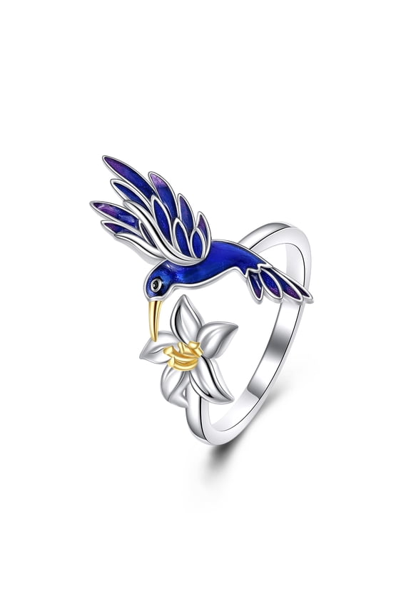 Hummingbird Ring for Women Sterling Silver Humming Bird Flower Band Ring Hummingbird Jewelry Gifts for Women Bird Lover