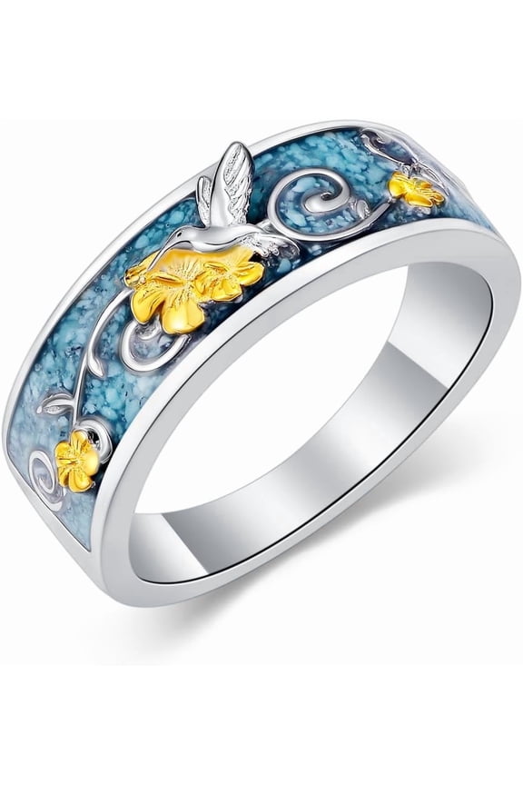 Hummingbird Rings 925 Sterling Silver Western Boho Turquoise Rings Western Country Jewelry for Women Men Christmas Mother Gifts for Loved Ones 7