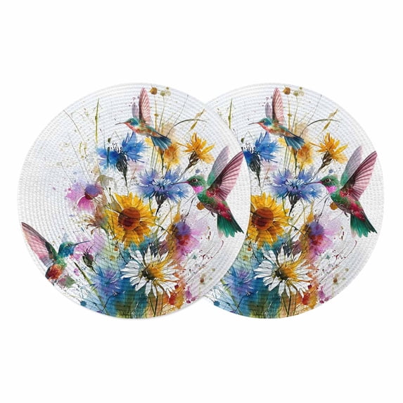Hummingbird Round 15 Inch Placemats Set of 2, Spring Farmhouse Oil Painting Sunflowers HeatResistant Non Slip Place Mats for Dining Table, Wipeable Braided Kitchen Table Mats for Housewarming