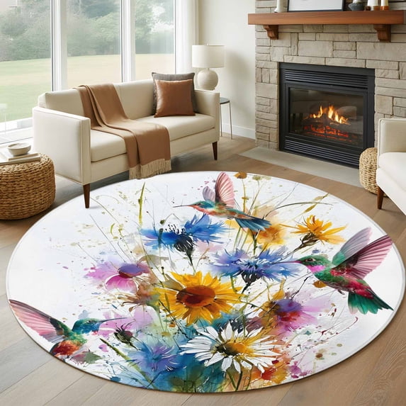 Hummingbird Round Area Rug 6Ft Washable Circle Rugs for Bathroom Office, Spring Farmhouse Oil Painting Sunflowers Non-Slip Carpet Floor Mats Indoor Outdoor Carpet Runner Aesthetic Home Decor