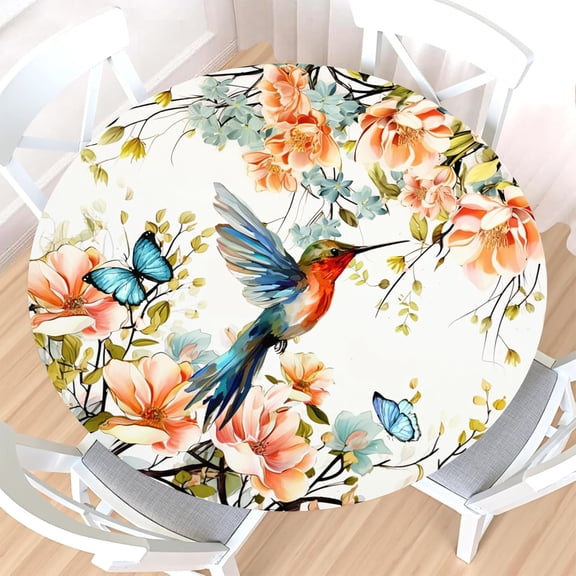 Hummingbird Round Fitted Tablecloth with Elastic Edge,Waterproof Wipeable Spring Summer Chinoiserie Floral Brid Flower Table Cover for 40-44" Stretch Table Cloth for Dinner Indoor Outdoor Party