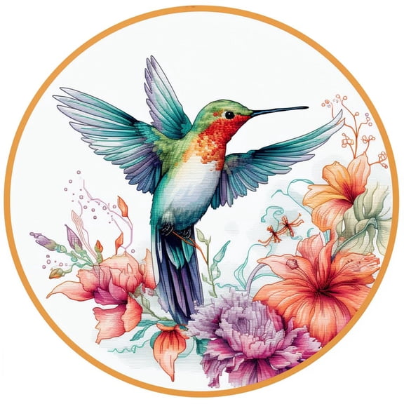 Hummingbird Round Shape Stamped Cross Stitch Kits for Beginners Easy with Hoop 11CT Needlepoint Embroidery DIY Counted Cross Stitch Kits Art Craft Wall Decor 35x35cm(4)