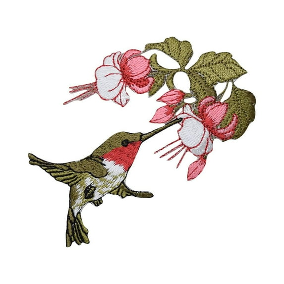 Hummingbird - Ruby Red Throat - Pink Flowers - Flying Right - Iron on Embroidered Applique Patch