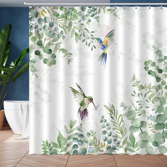 Hummingbird Sage Green Eucalyptus Leaves Shower Curtain, Spring Summer Botanical Floral Bird Home Bathroom Decor, Polyester Cotton Fabric Waterproof Modern Bath Curtain with 12 Hooks 72x72 Inch