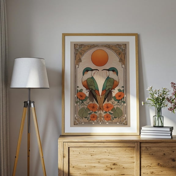 Hummingbird Scandinavian Folk Art Wall Print, Unframed Paper Print Size 8x12