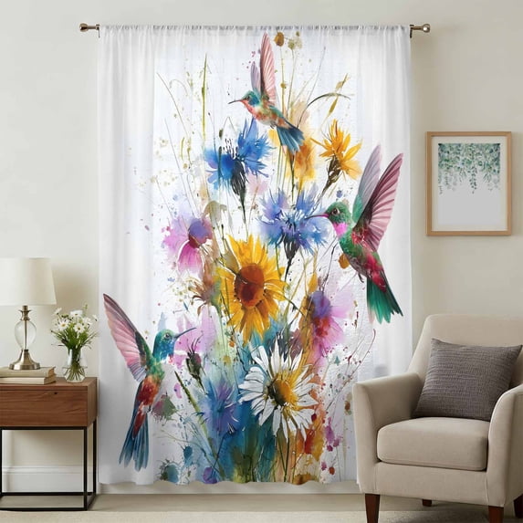 Hummingbird Sheer Curtains 45 Inches Long, Spring Farmhouse Oil Painting Sunflowers Light Filering Curtains, Breathable Simi Curtain Privacy Drapes for Kitchen Bathroom Small Window Treatment