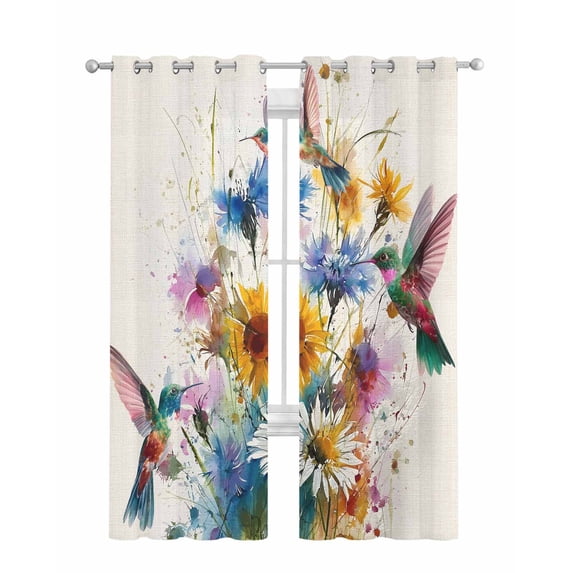 Hummingbird Sheer Curtains 63 Inch Length 2 Panels Set for Living Room/Bedroom, Spring Vintage Oil Painting Sunflowers Beige Kitchen Curtains Grommet Semi-Sheer Curtains Window Treatments 42"x63"x2