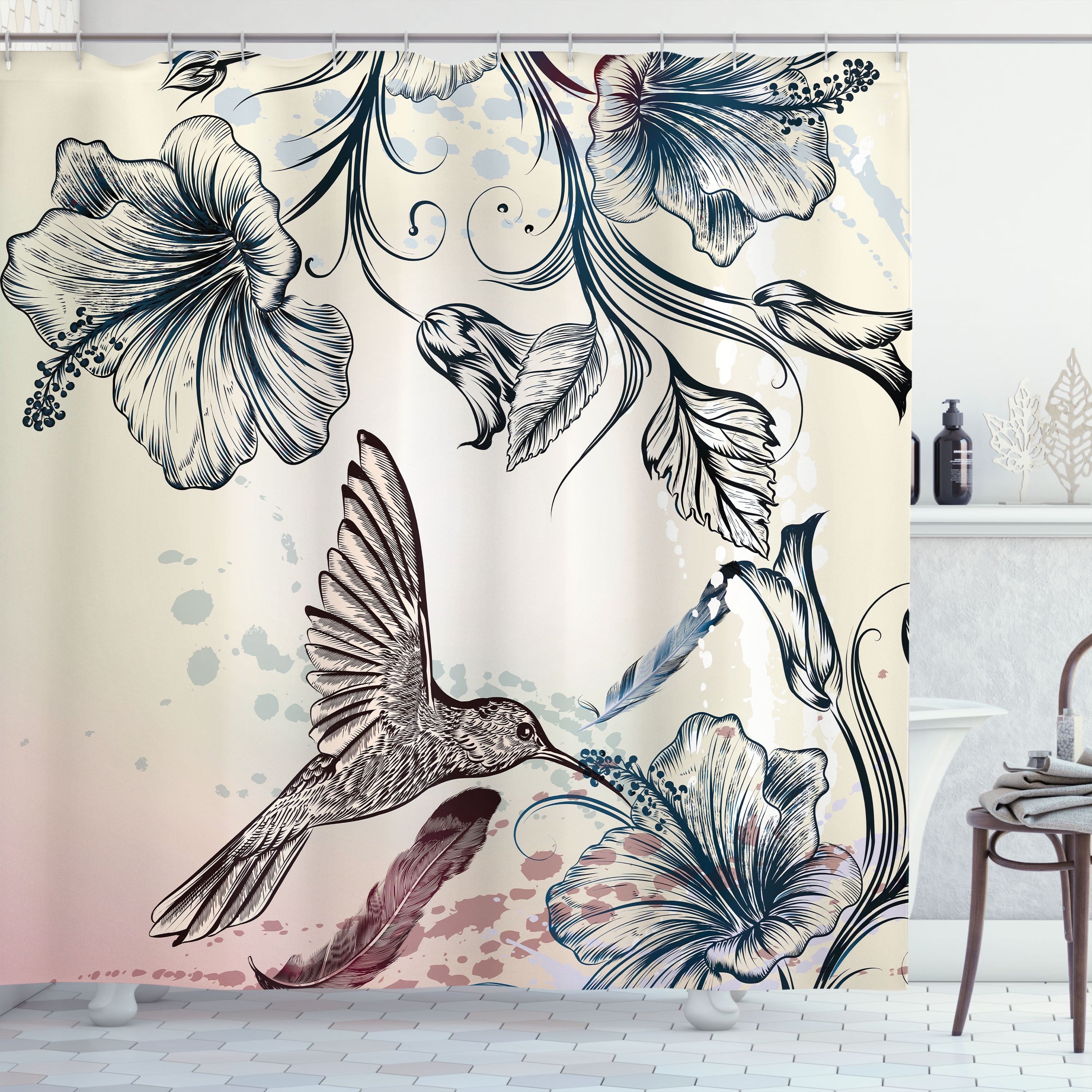 Hummingbird Shower Curtain, Floral Art in Vintage Style with
